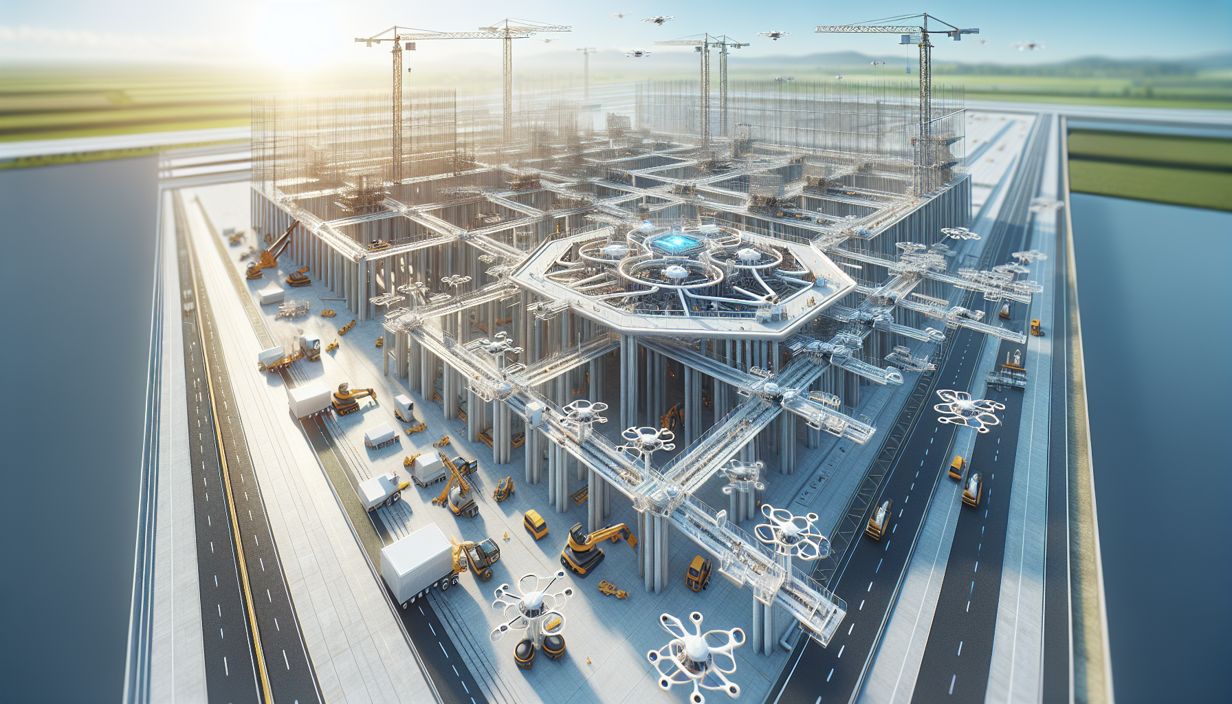 Cantiere high-tech con macchinari avanzati e tecnologie BIM